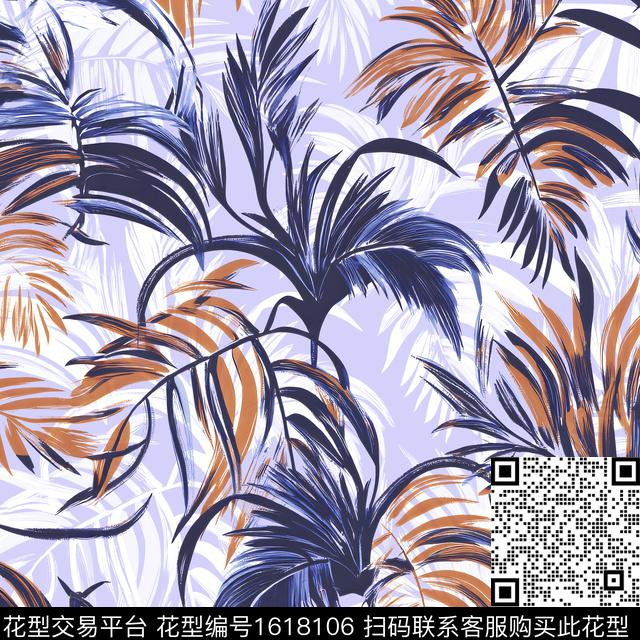 棕榈树绿植树叶热带花型数码印花花型下载（图片编号: 1618106） - 瓦栏（Walan）