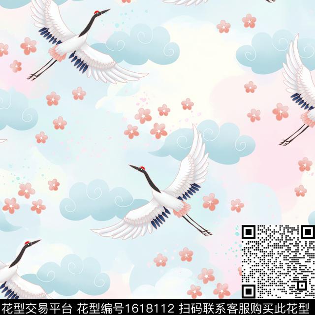 中国风仙鹤小碎花数码印花花型下载（图片编号: 1618112） - 瓦栏（Walan）