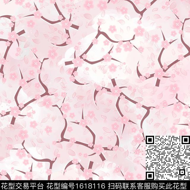 花卉桃花树枝数码印花花型下载（图片编号: 1618116） - 瓦栏（Walan）