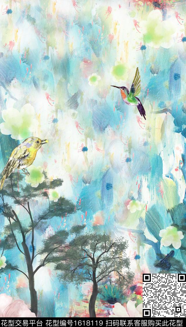 花卉鸟树数码印花花型下载（图片编号: 1618119） - 瓦栏（Walan）