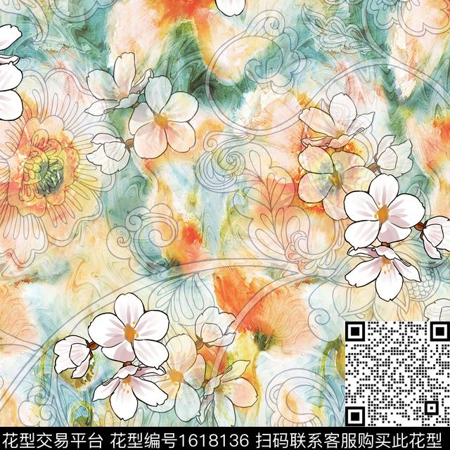 花卉线条花卉影花数码印花花型下载（图片编号: 1618136） - 瓦栏（Walan）