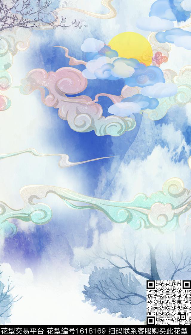 晕染肌理水彩花卉祥云数码印花花型下载（图片编号: 1618169） - 瓦栏（Walan）