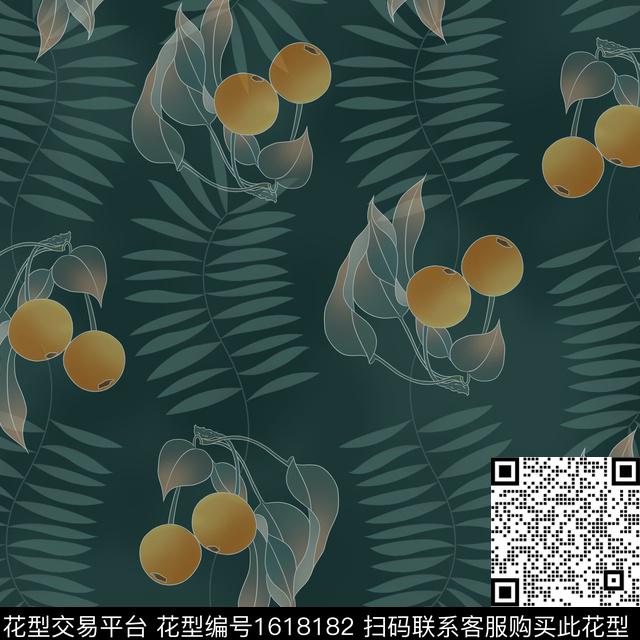 水果线条画绿植树叶数码印花花型下载（图片编号: 1618182） - 瓦栏（Walan）
