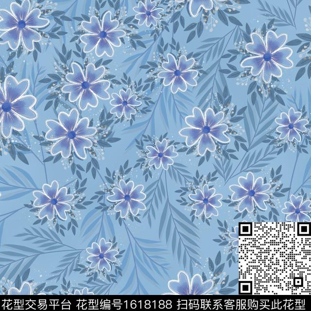 花卉满版散花绿植树叶数码印花花型下载（图片编号: 1618188） - 瓦栏（Walan）
