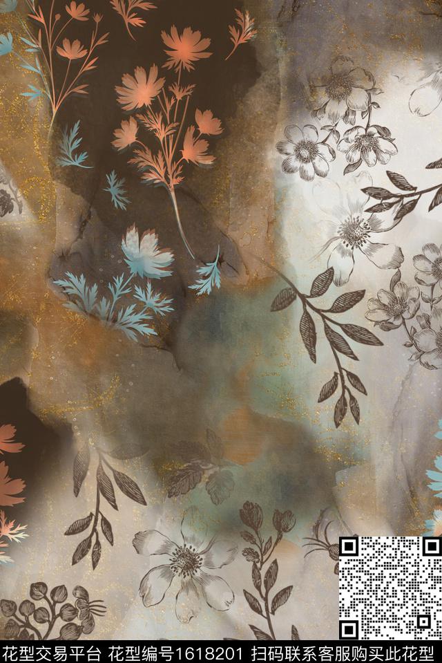 简影植物渐变花卉数码印花花型下载（图片编号: 1618201） - 瓦栏（Walan）