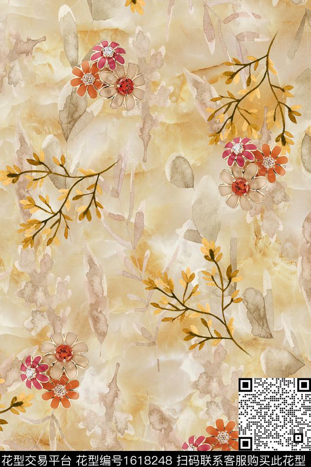 花卉水彩渐变数码印花花型下载（图片编号: 1618248） - 瓦栏（Walan）
