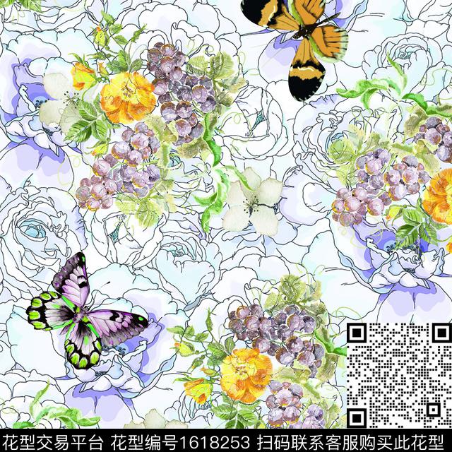 绣花花型葡萄水彩花卉数码印花花型下载（图片编号: 1618253） - 瓦栏（Walan）