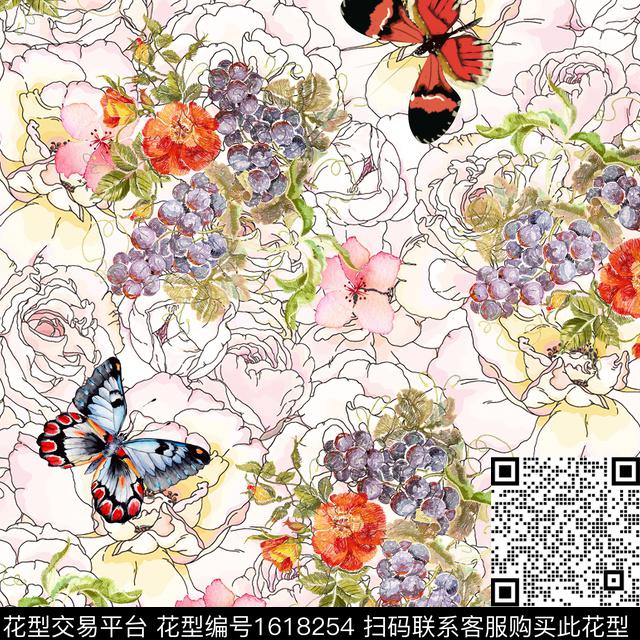 花卉线条花卉蝴蝶数码印花花型下载（图片编号: 1618254） - 瓦栏（Walan）