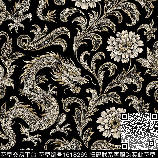 龙花卉中国风数码印花花型下载（图片编号: 1618269） - 瓦栏（Walan）
