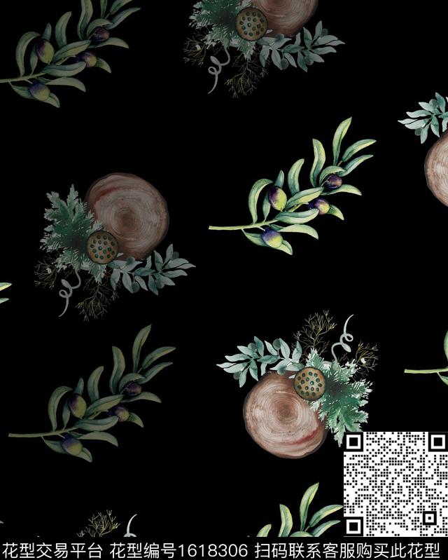木桩黑底花卉绿植树叶数码印花花型下载（图片编号: 1618306） - 瓦栏（Walan）