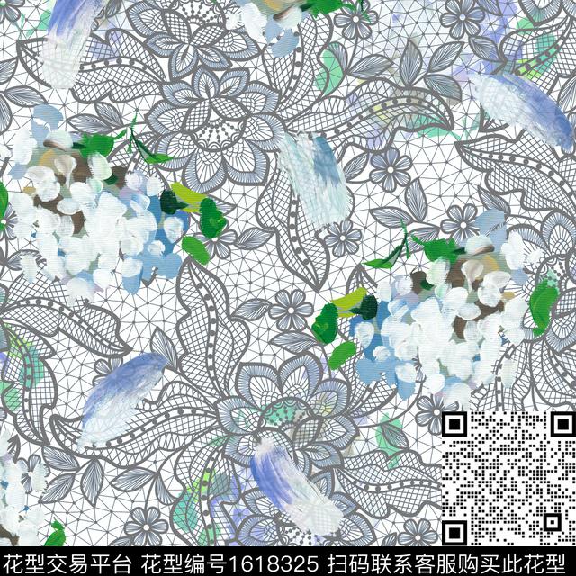 花卉笔触蕾丝花卉数码印花花型下载（图片编号: 1618325） - 瓦栏（Walan）