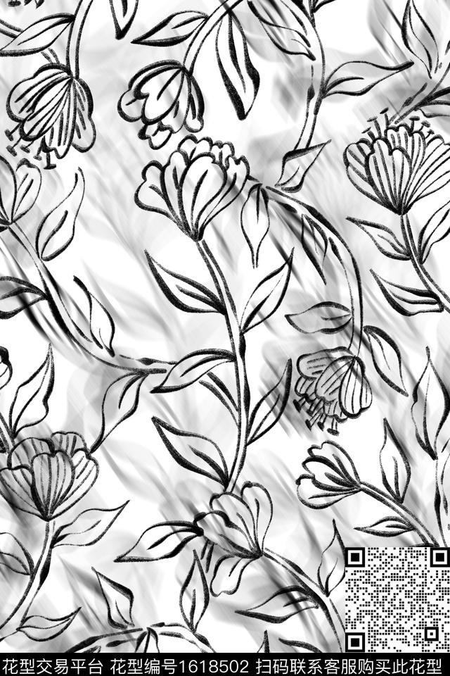 花卉线条花卉黑白花型数码印花花型下载（图片编号: 1618502） - 瓦栏（Walan）