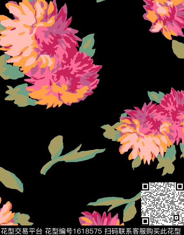 花卉黑底花卉大花传统印花花型下载（图片编号: 1618575） - 瓦栏（Walan）