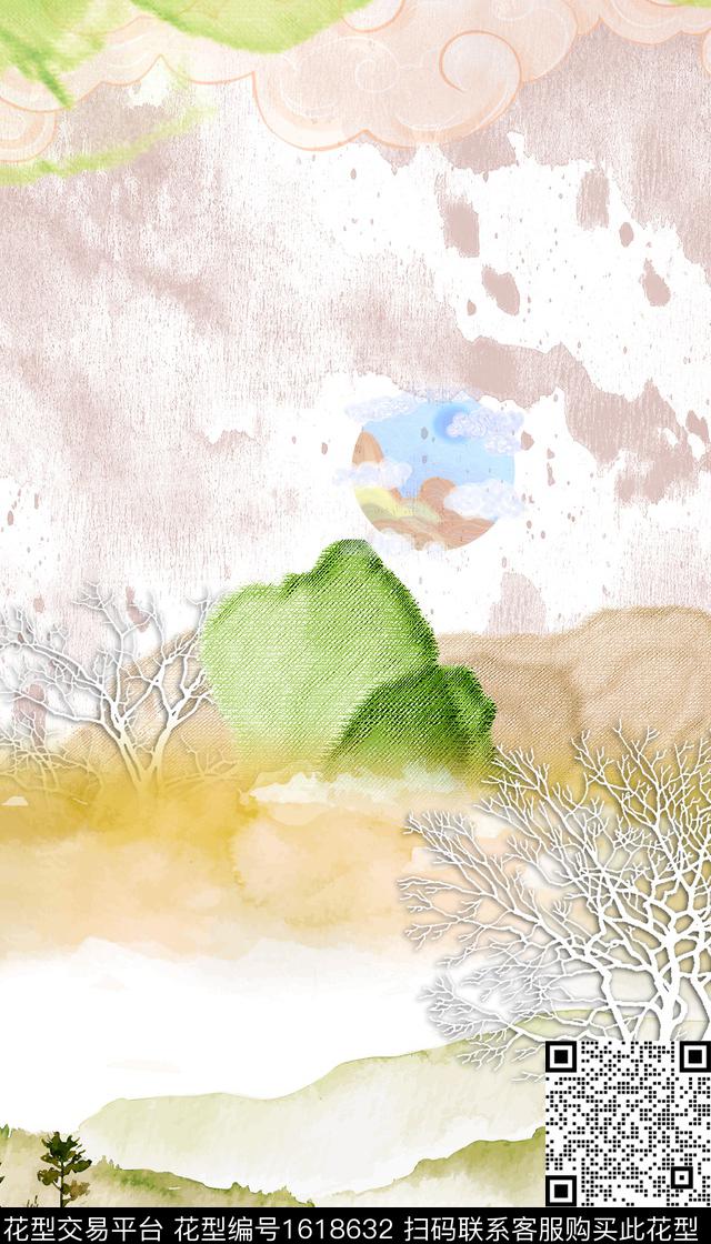 水彩山峰树林数码印花花型下载（图片编号: 1618632） - 瓦栏（Walan）