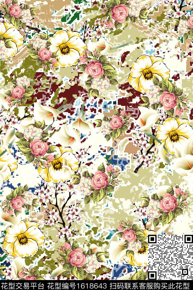 真丝满版散花花卉数码印花花型下载（图片编号: 1618643） - 瓦栏（Walan）