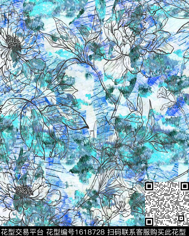 晕染肌理水彩花卉线条花卉数码印花花型下载（图片编号: 1618728） - 瓦栏（Walan）