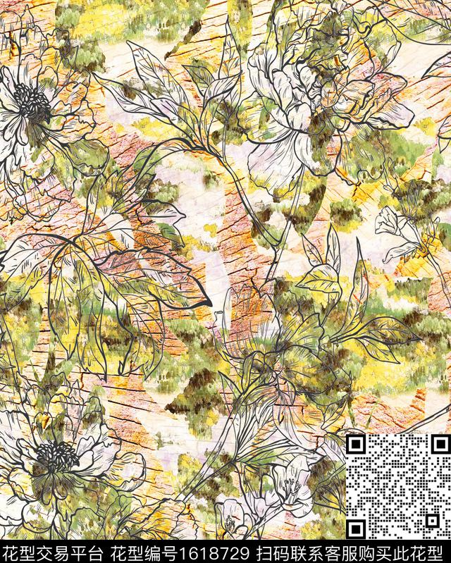线条花卉树纹数码印花花型下载（图片编号: 1618729） - 瓦栏（Walan）
