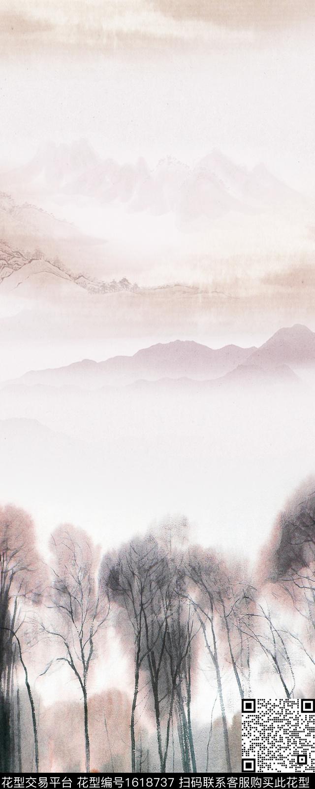 水墨风花鸟风景定位数码印花花型下载（图片编号: 1618737） - 瓦栏（Walan）