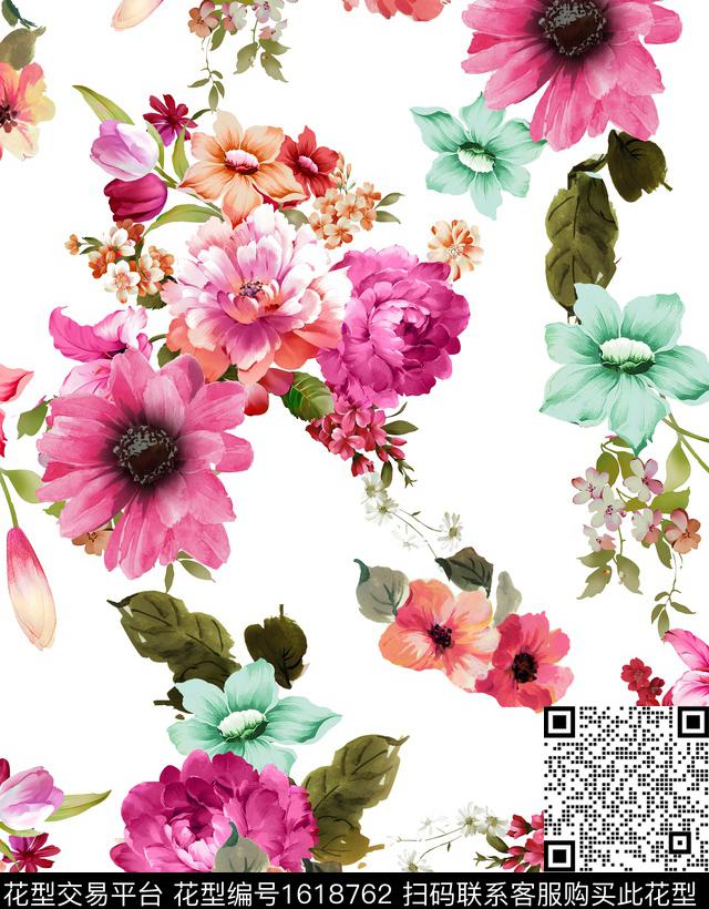 花卉清爽底花卉绿植树叶数码印花花型下载（图片编号: 1618762） - 瓦栏（Walan）