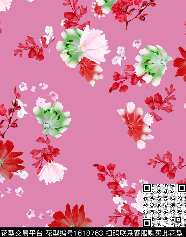 花卉手绘清爽底花卉数码印花花型下载（图片编号: 1618763） - 瓦栏（Walan）
