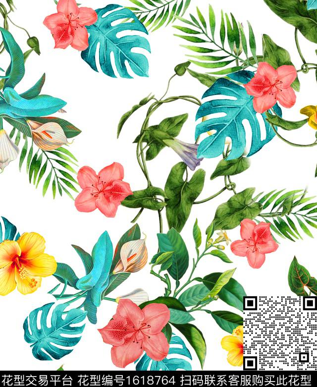 花卉棕榈叶清爽底花卉数码印花花型下载（图片编号: 1618764） - 瓦栏（Walan）