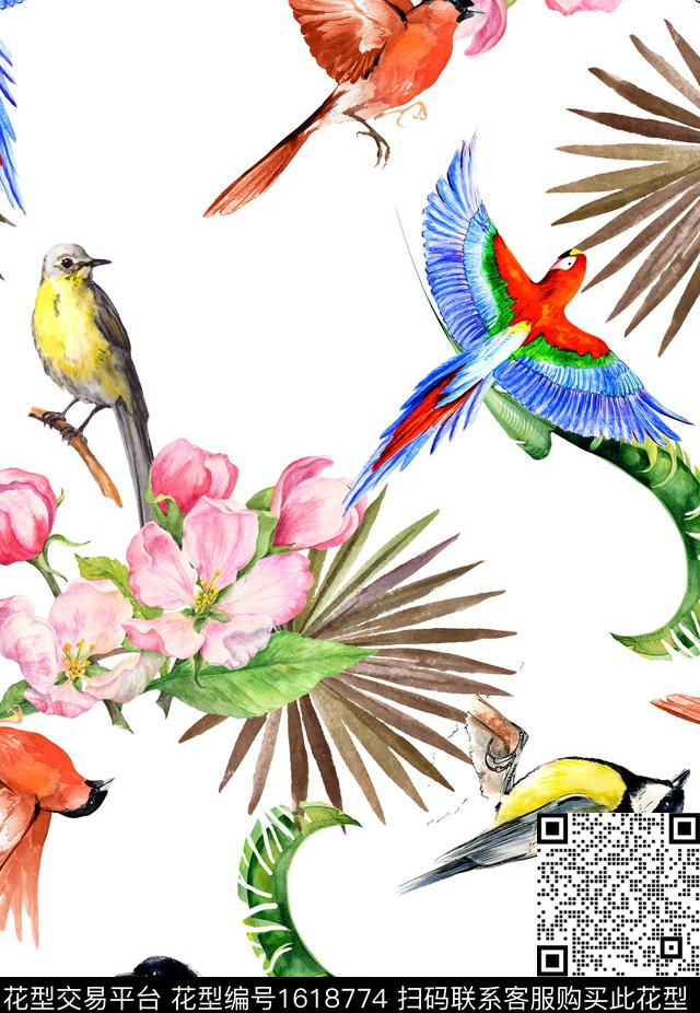 植物鸟热带花型数码印花花型下载（图片编号: 1618774） - 瓦栏（Walan）