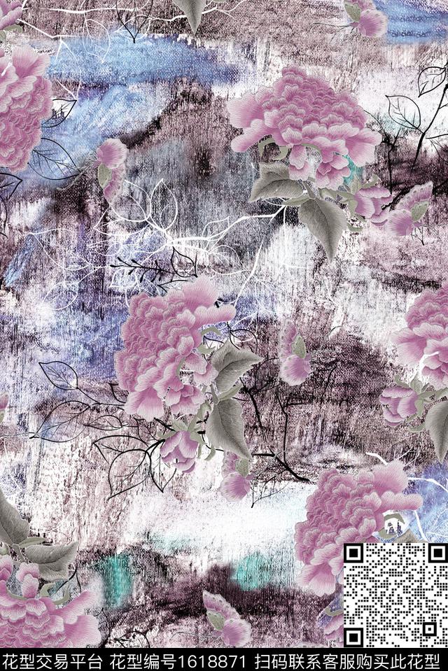 绣花花型晕染肌理牡丹数码印花花型下载（图片编号: 1618871） - 瓦栏（Walan）
