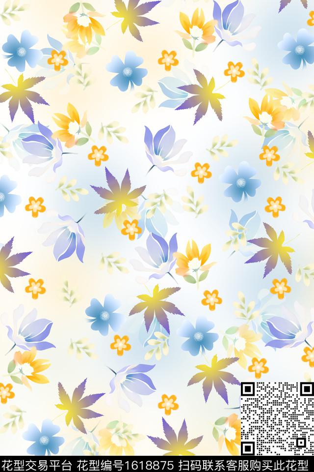 满版散花小碎花渐变数码印花花型下载（图片编号: 1618875） - 瓦栏（Walan）