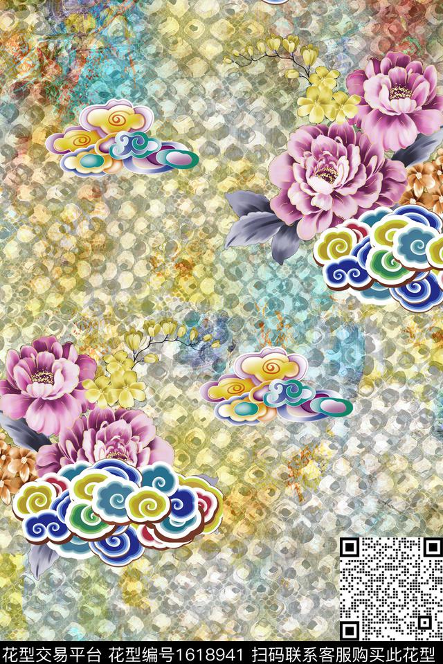 蛇纹中国风花卉数码印花花型下载（图片编号: 1618941） - 瓦栏（Walan）