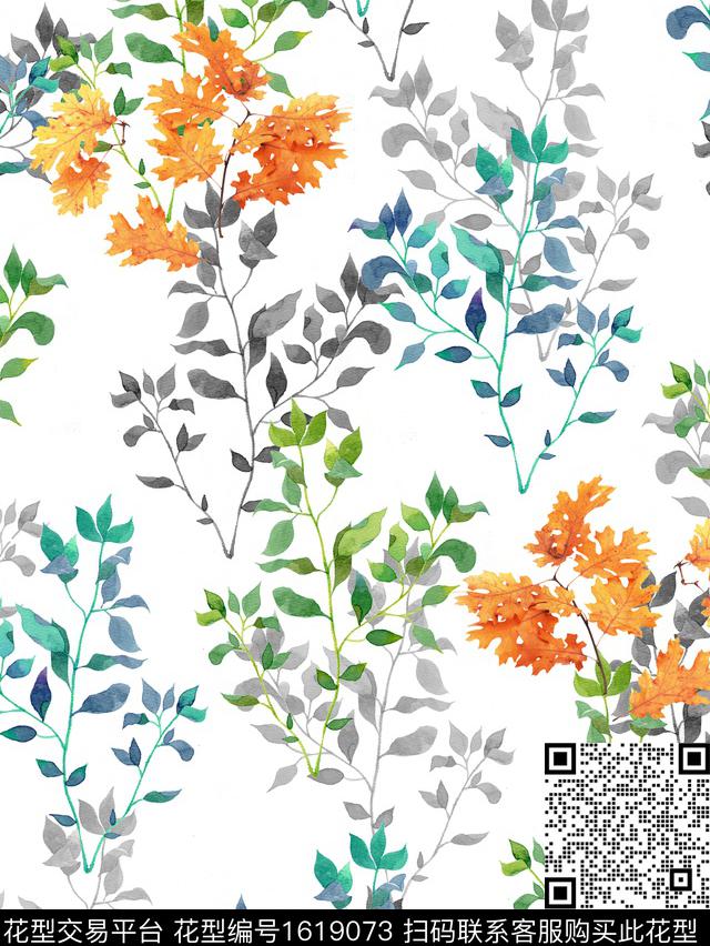小清新叶子水彩数码印花花型下载（图片编号: 1619073） - 瓦栏（Walan）