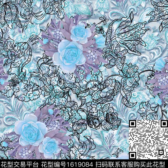 花卉线条花卉民族风数码印花花型下载（图片编号: 1619084） - 瓦栏（Walan）