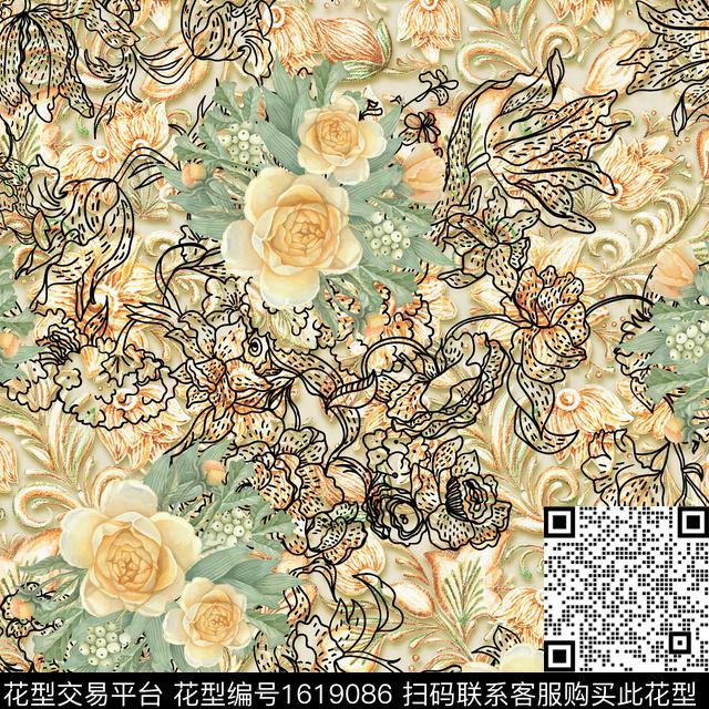 水彩花卉线条花卉玫瑰花数码印花花型下载（图片编号: 1619086） - 瓦栏（Walan）