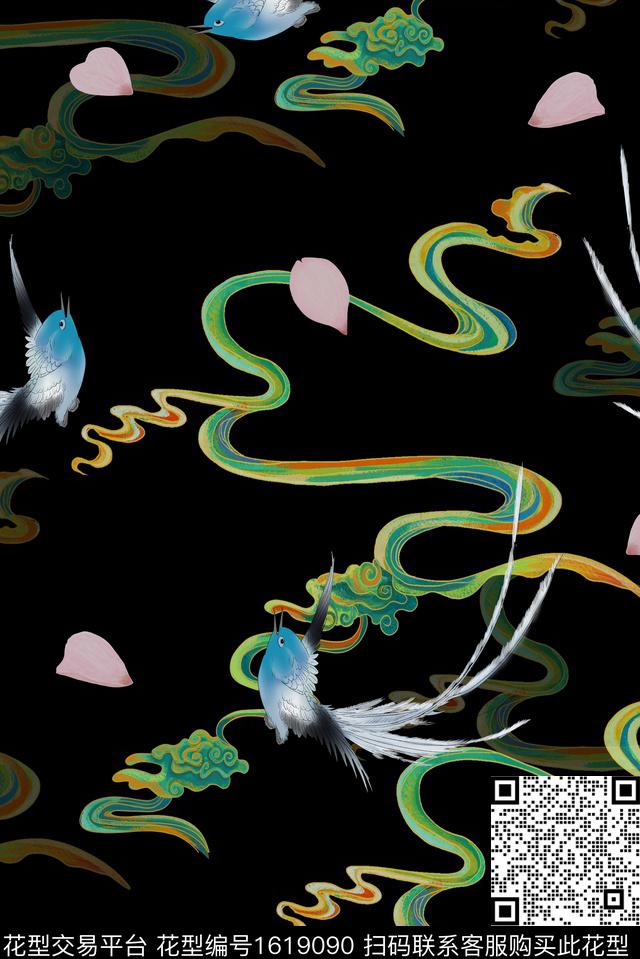 花瓣祥云花鸟数码印花花型下载（图片编号: 1619090） - 瓦栏（Walan）