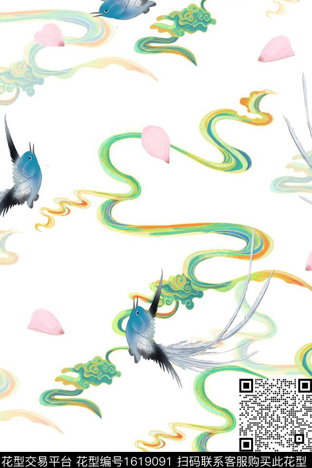 花瓣祥云鸟数码印花花型下载（图片编号: 1619091） - 瓦栏（Walan）