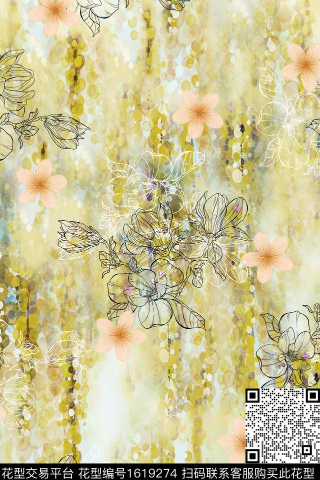 水彩花卉线条花数码印花花型下载（图片编号: 1619274） - 瓦栏（Walan）