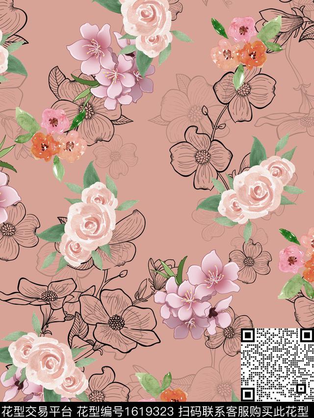 小碎花水彩花卉线条花卉数码印花花型下载（图片编号: 1619323） - 瓦栏（Walan）