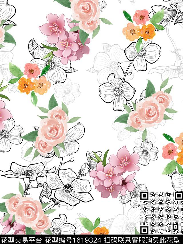 花卉水彩花卉影花数码印花花型下载（图片编号: 1619324） - 瓦栏（Walan）