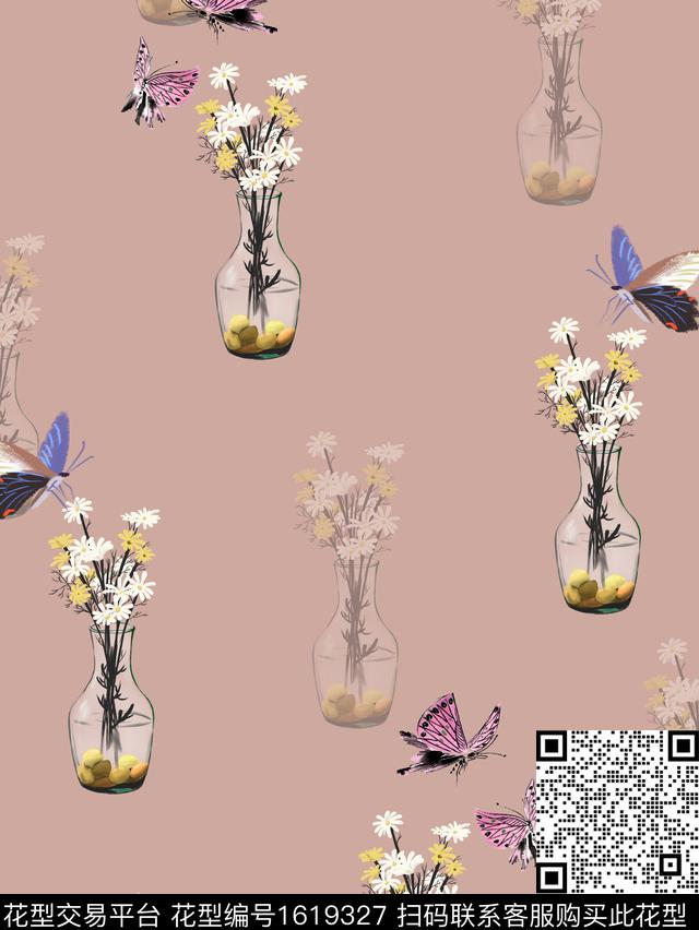 影花花卉蝴蝶数码印花花型下载（图片编号: 1619327） - 瓦栏（Walan）