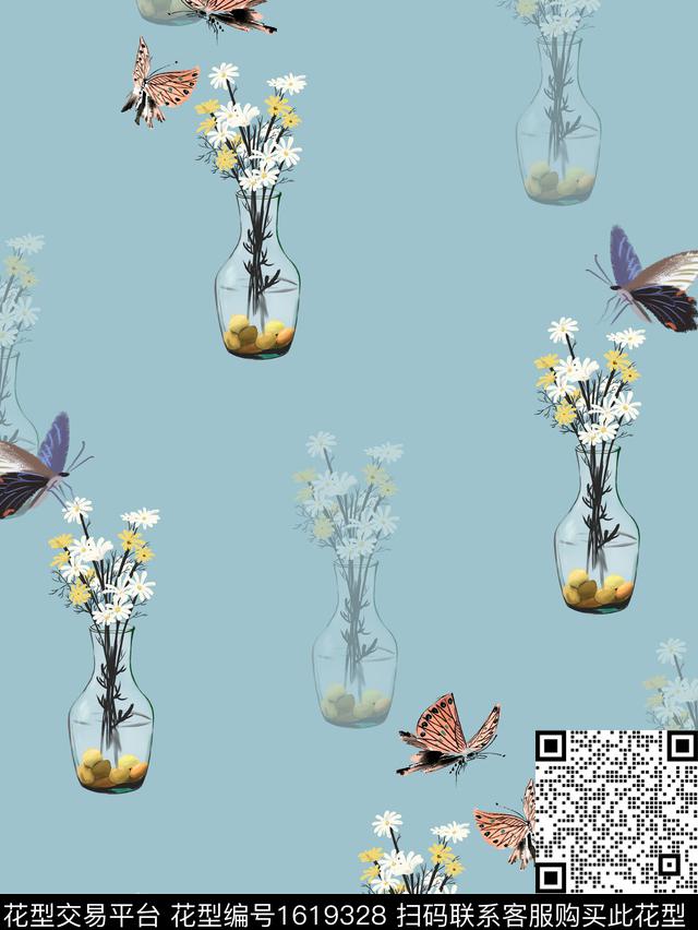 小清新小碎花花卉蝴蝶数码印花花型下载（图片编号: 1619328） - 瓦栏（Walan）
