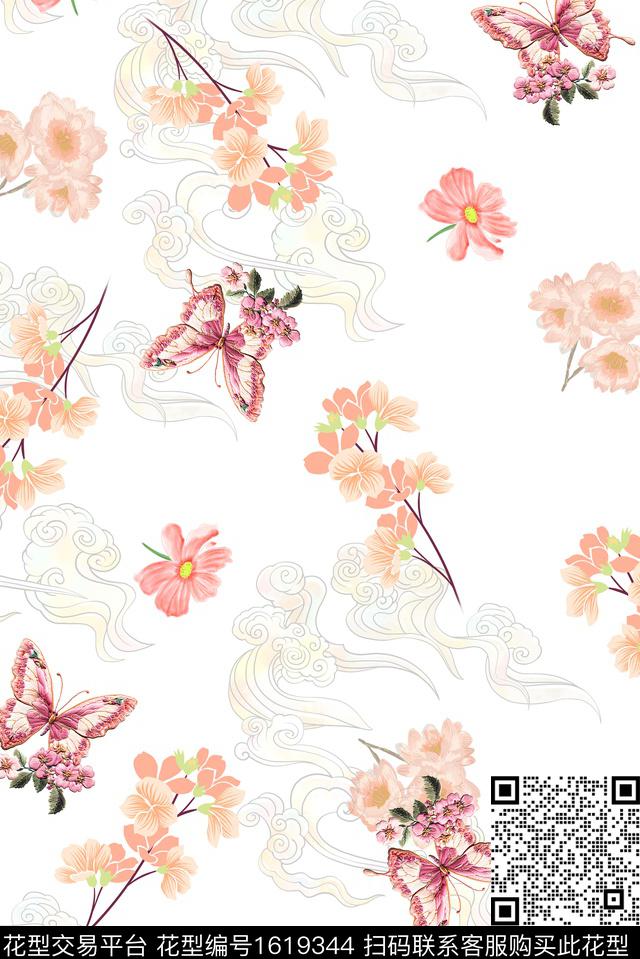 祥云中国风花卉数码印花花型下载（图片编号: 1619344） - 瓦栏（Walan）