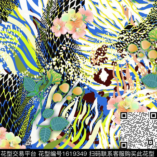 动物纹花卉彩色几何数码印花花型下载（图片编号: 1619349） - 瓦栏（Walan）