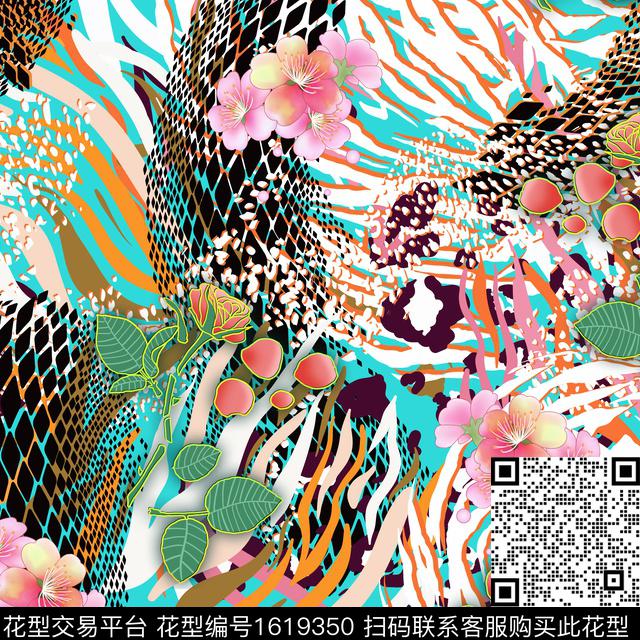 动物纹花卉线条画数码印花花型下载（图片编号: 1619350） - 瓦栏（Walan）