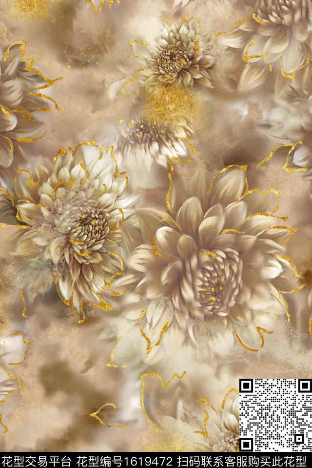 中国风菊花花卉数码印花花型下载（图片编号: 1619472） - 瓦栏（Walan）