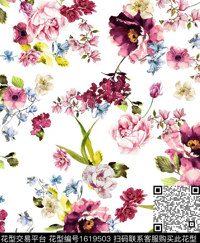 花卉水彩花卉清爽底花卉数码印花花型下载（图片编号: 1619503） - 瓦栏（Walan）