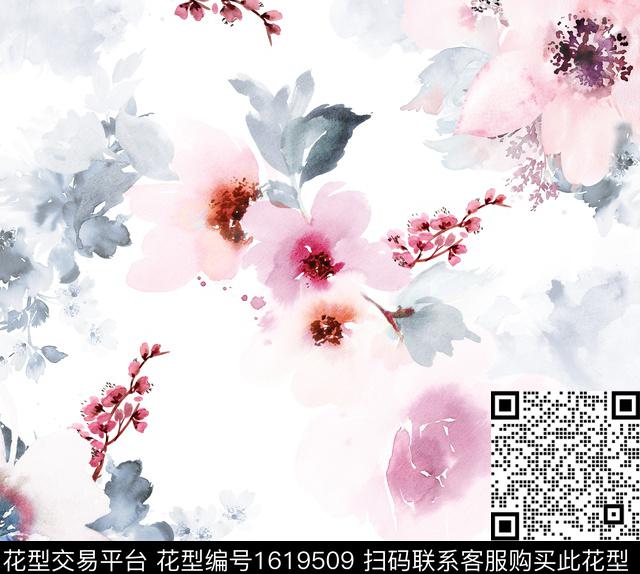 花卉水彩花卉素雅数码印花花型下载（图片编号: 1619509） - 瓦栏（Walan）