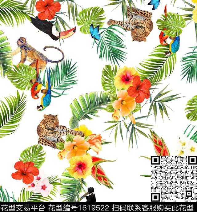 热带花型蝴蝶猴子数码印花花型下载（图片编号: 1619522） - 瓦栏（Walan）