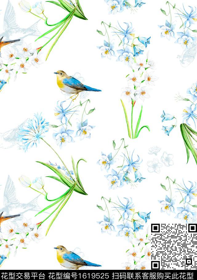 鸟花卉水彩花卉数码印花花型下载（图片编号: 1619525） - 瓦栏（Walan）