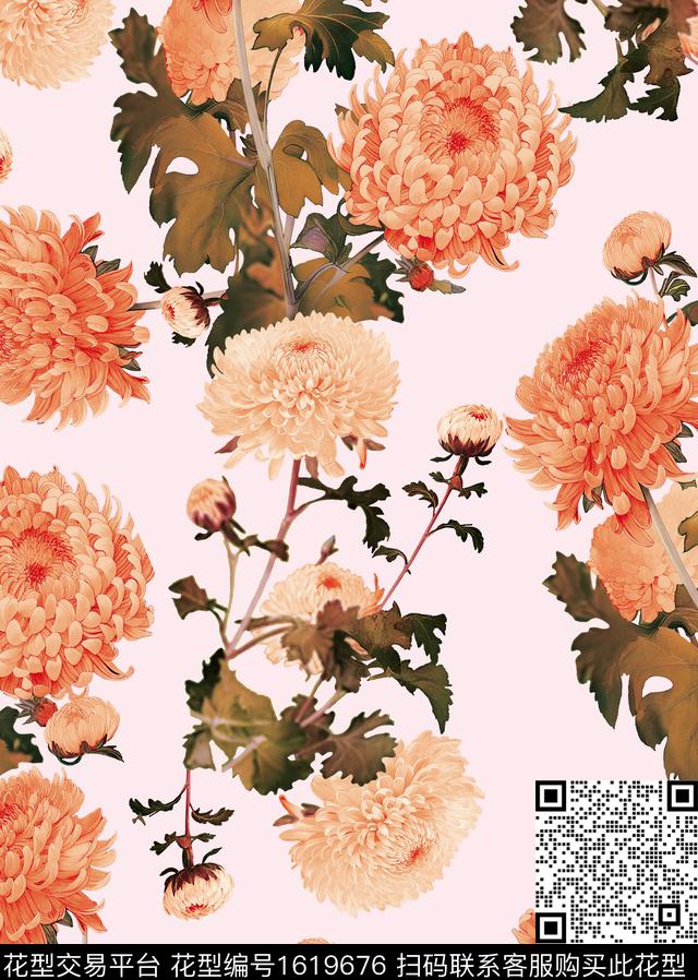 花卉菊花清爽底花卉数码印花花型下载（图片编号: 1619676） - 瓦栏（Walan）