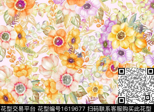 花卉水彩花卉满版散花数码印花花型下载（图片编号: 1619677） - 瓦栏（Walan）