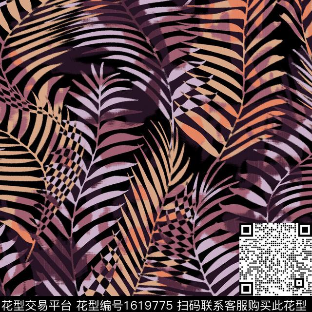 植物热带花型椰子树传统印花花型下载（图片编号: 1619775） - 瓦栏（Walan）